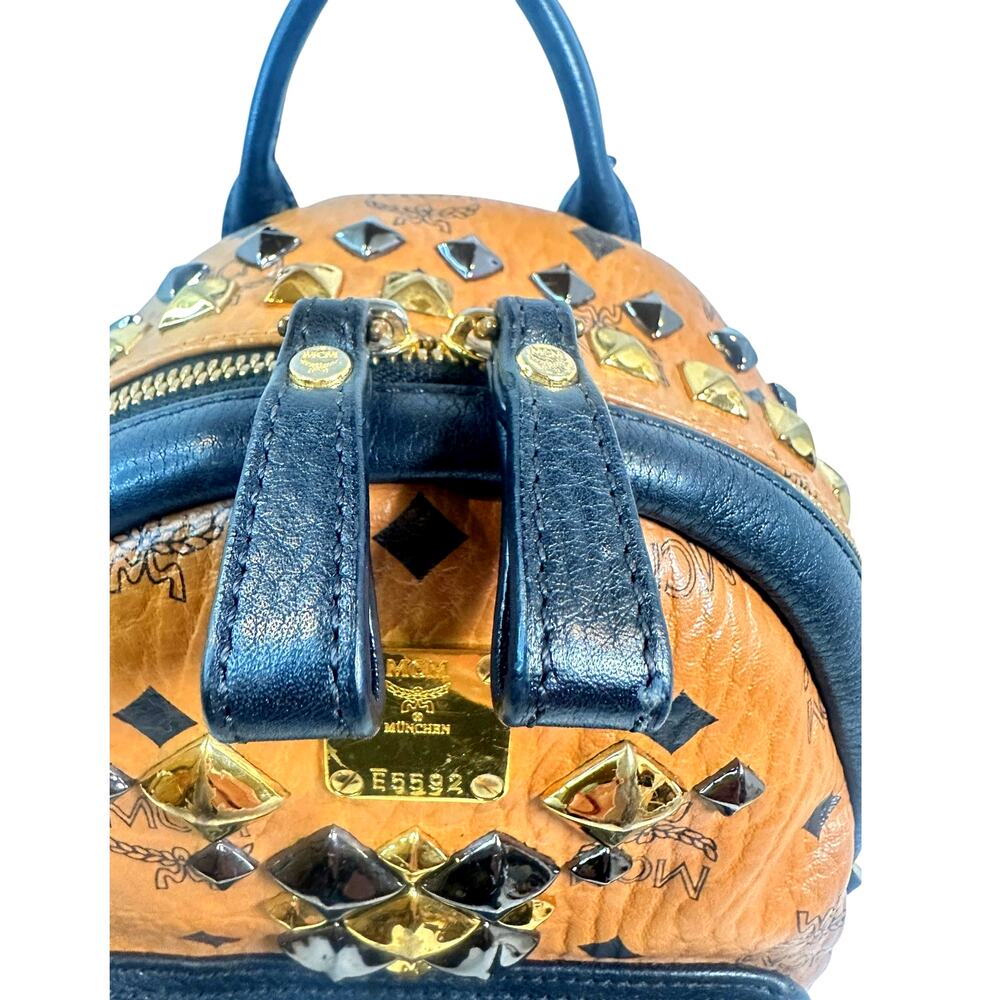 MCM Stark Studded Mini Backpack Cognac Visetos Black Leather Trim w/ COA - Picture 9 of 16